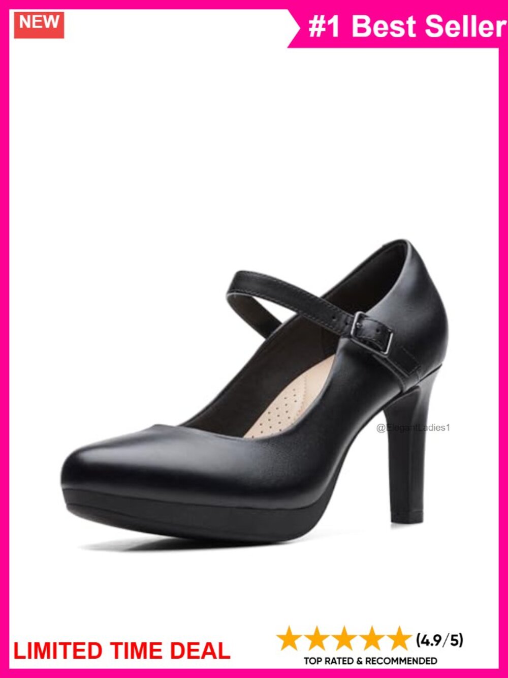 Women's Black Leather Pump with Adjustable Strap and OrthoLite Footbed